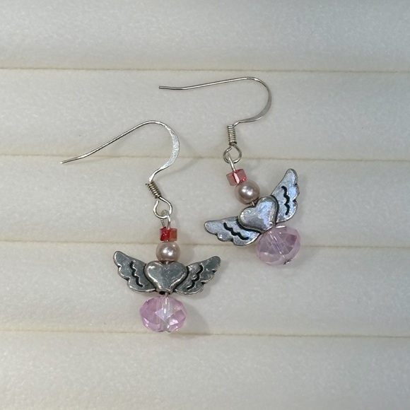 Handmade Pink Heart Wings Angel Earrings Glass & Faux Pearls Dainty Silver Tone - Picture 6 of 8